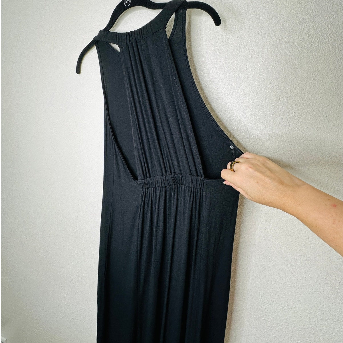 Black High Neck Plunging Sides Sleeveless Gathered Flowy Back Maxi Dress M