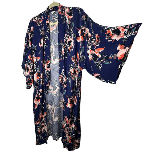Splendid Navy Orange Ivory Multi Floral Short Sleeve Kimono Duster S