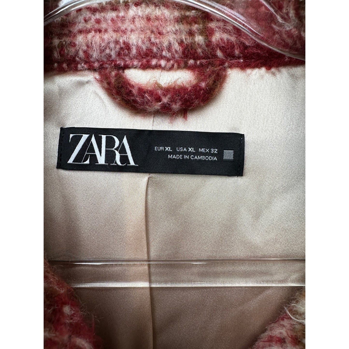 Zara Jacket Red Brown Cream Plaid Womens US XL Fuzzy