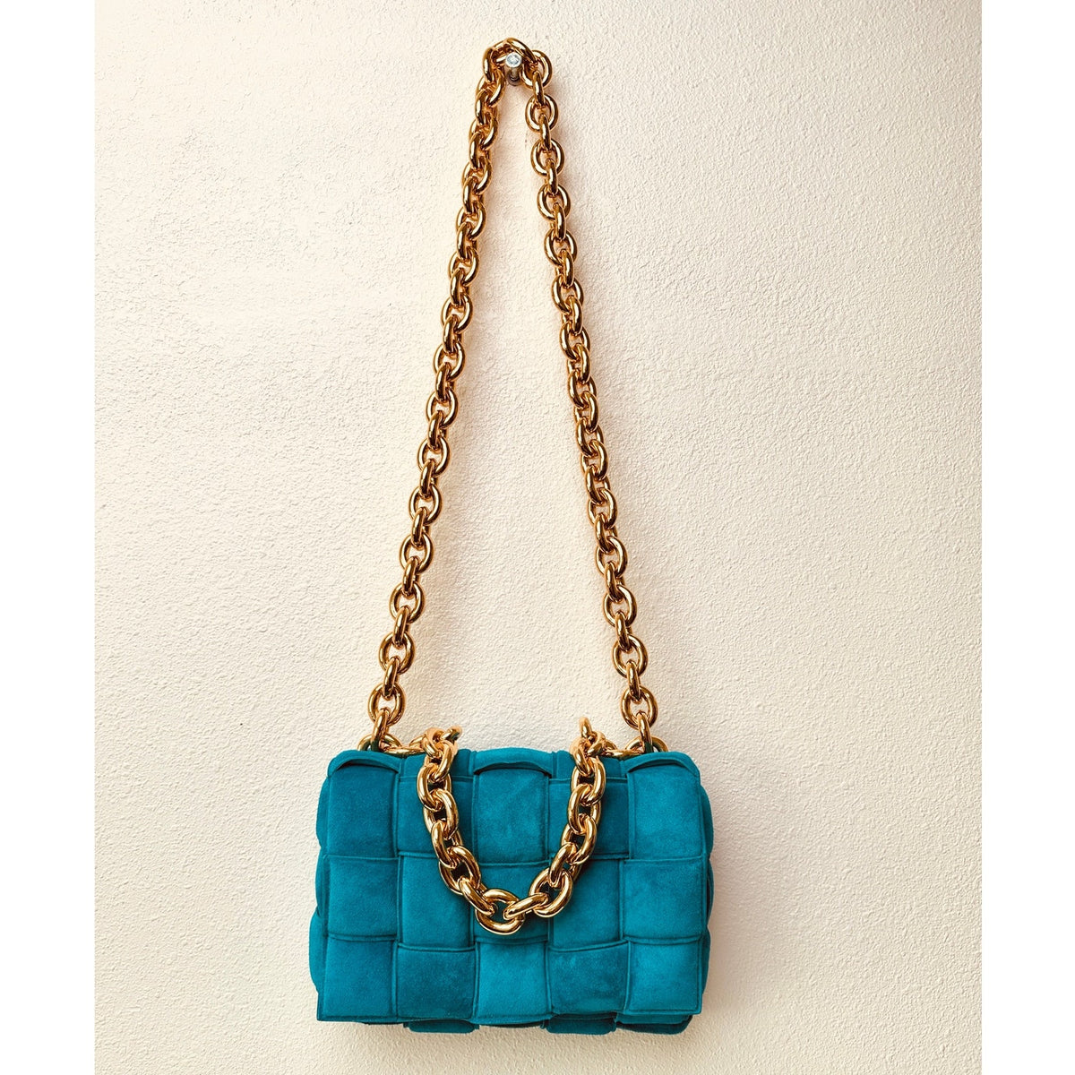 NWOT Bottega Veneta Chain Cassette Bag – Turquoise Suede with Gold-Tone Chain