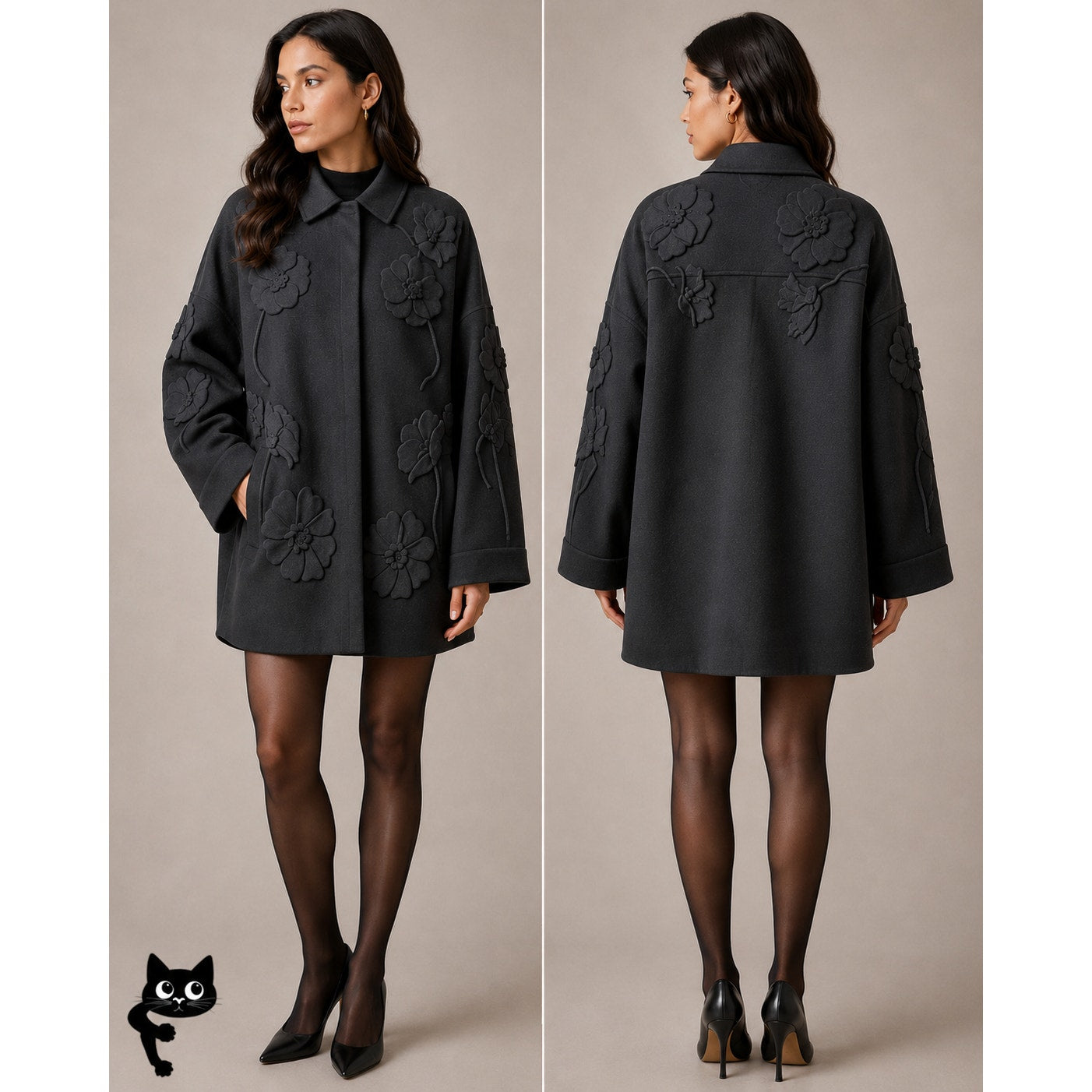 Valentino Garavani Black Wool-Cashmere Floral Applique Jacket