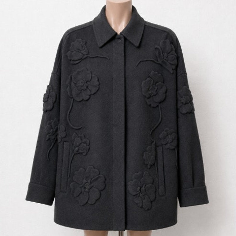 Valentino Garavani Black Wool-Cashmere Floral Applique Jacket