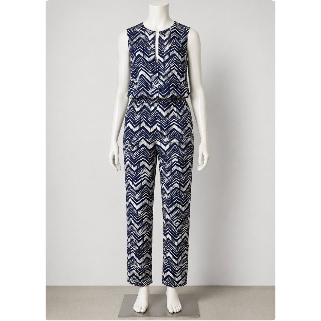 J Crew Cute Linen Zig-Zag Navy and White Print Sleeveless Jumpsuit Romper Size 0
