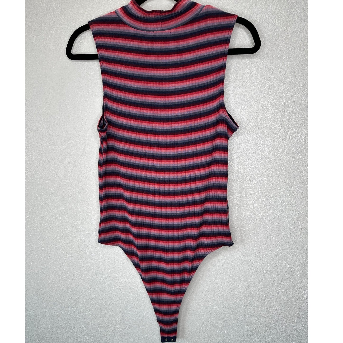 Abound Pink Burgundy Blue Gray Striped Mock Neck Sleeveless Bodysuit L