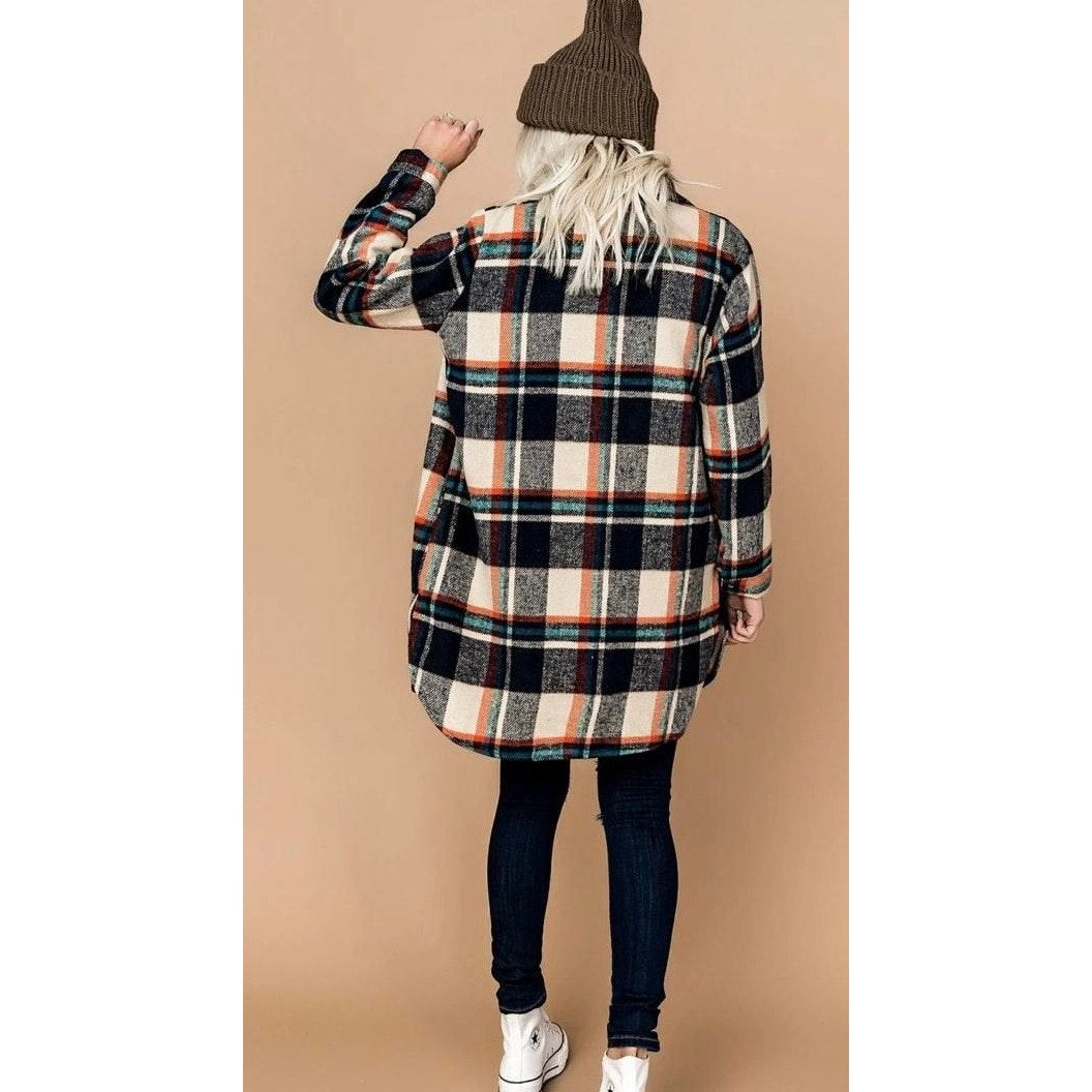 Urban Daizy Tan Navy Orange Plaid Button Long Sleeve Shacket M