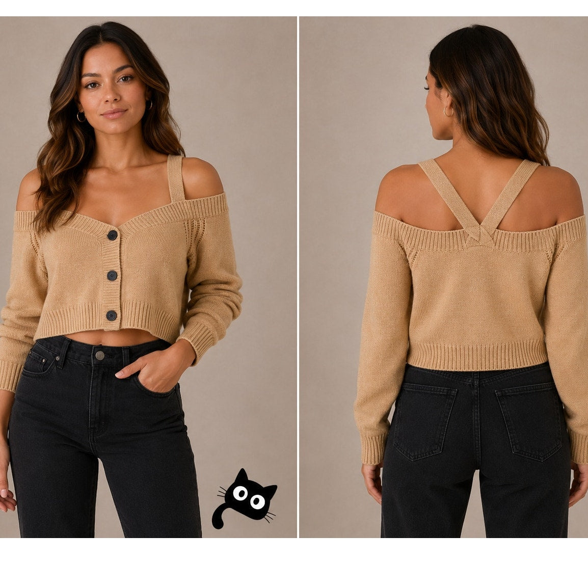 Intermix Beige Rumi Cold Shoulder V-Neck Button Cardigan P