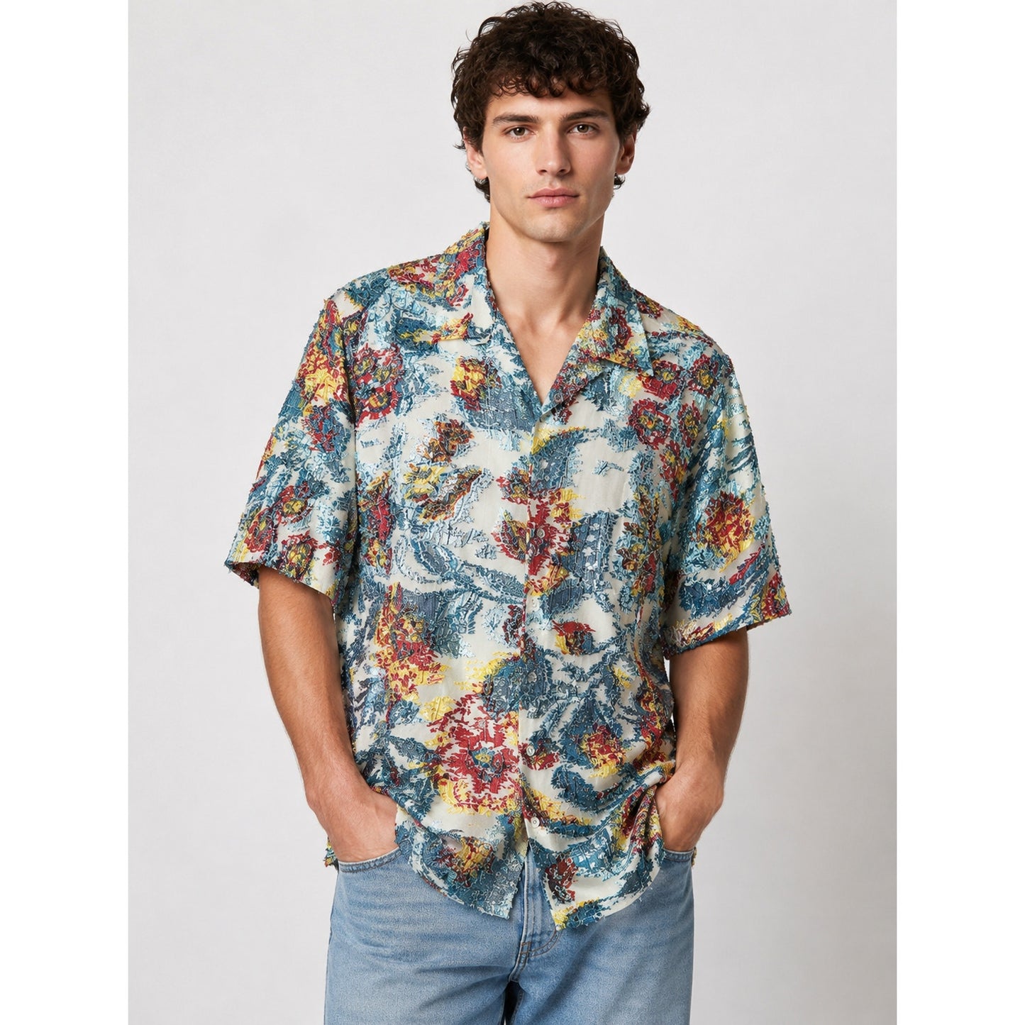 Libertine Cream Red Blue Gold Metallic Embroidered Button Down Short Sleeve Shirt L
