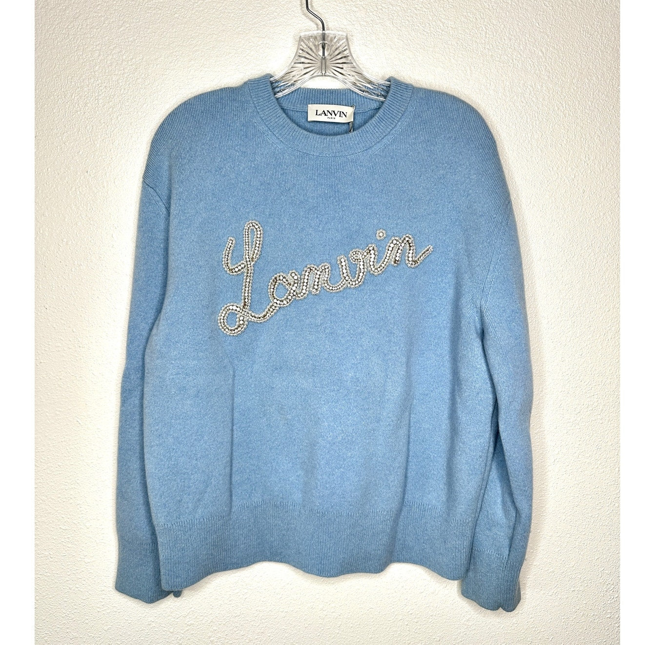 Lanvin Girls Pearl Logo Cashmere Sweater Baby Blue Size 12