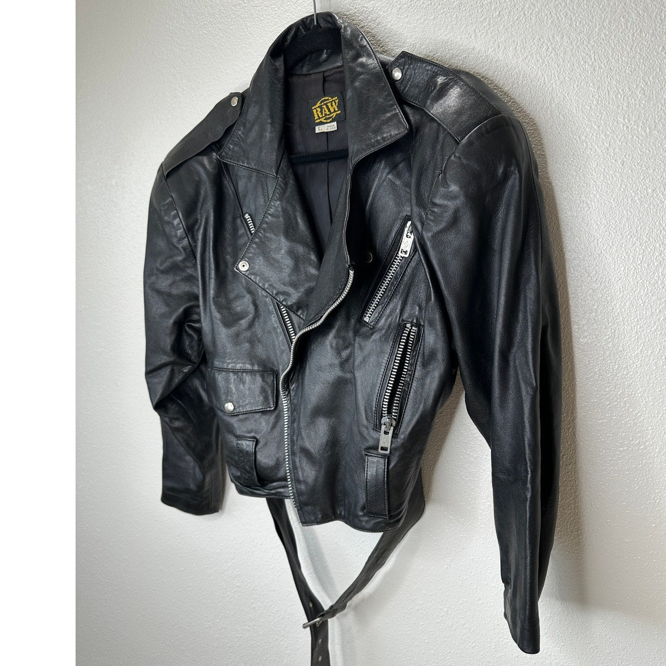 Raw Black Leather Silver Zip & Hardware Belted Shoulder Pad Moto Jacket L