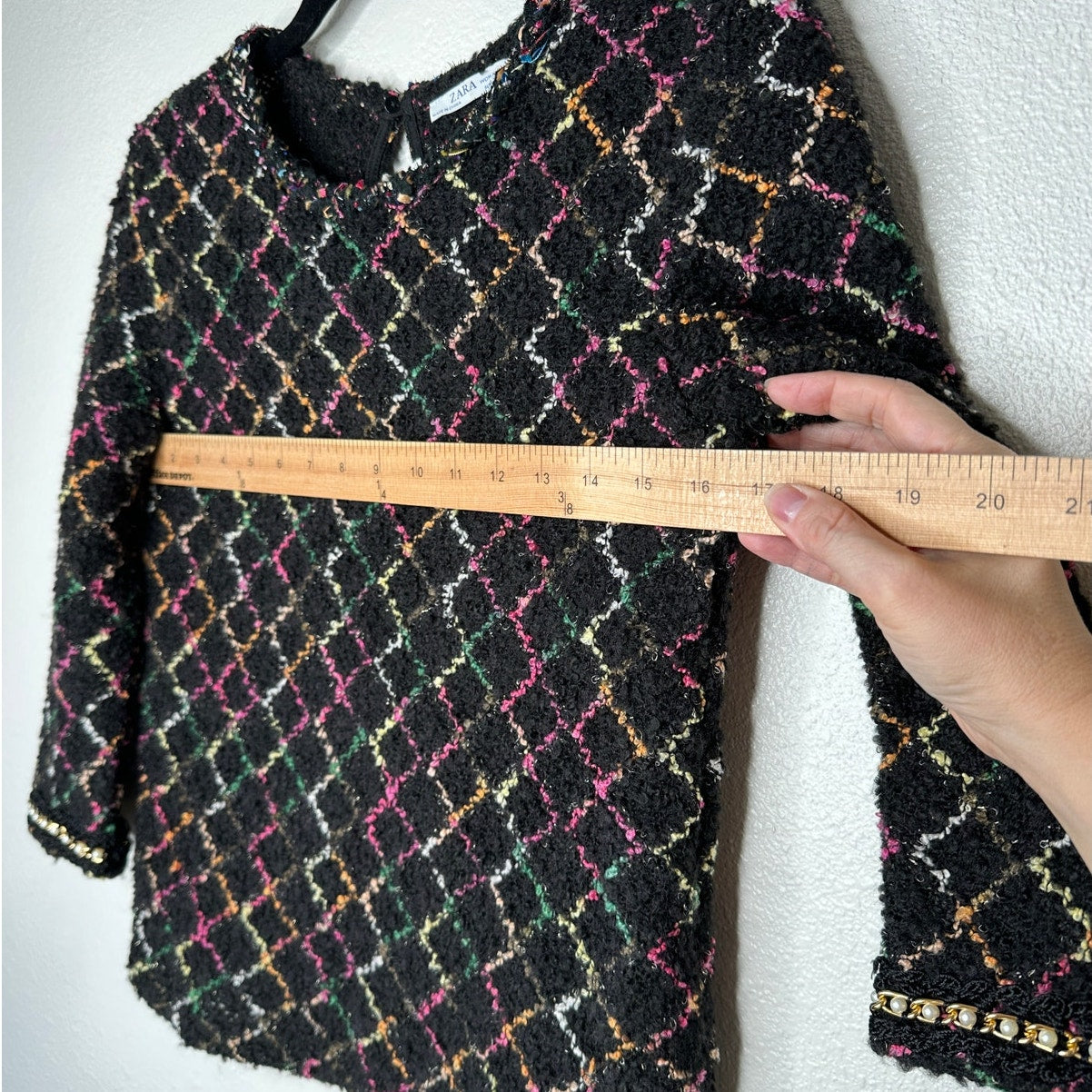 Zara Black Multicolor Boucle Knit Sweater with Pearl Detail on Sleeves Top S