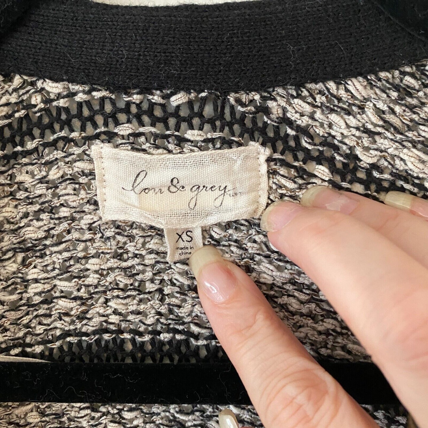 Lou & Grey Chunky Knit Black & Gray Off White Stripe Open Cardigan Zip Pocket XS