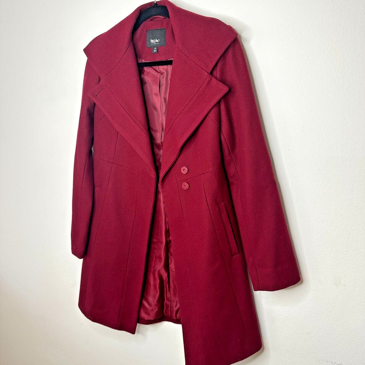 Mossimo Burgundy Red Wool Fitted Long Line Front two Button Coat Welt Pockets XS
