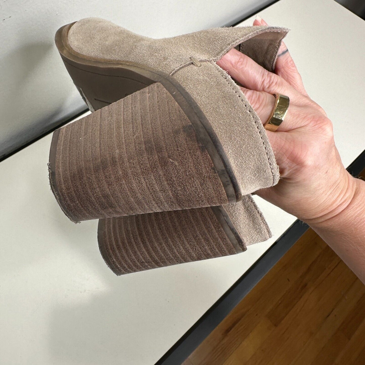 Dolce Vita Gray Taupe Selene Suede Almond toe Slide Mule Bootie Block Heels 7.5