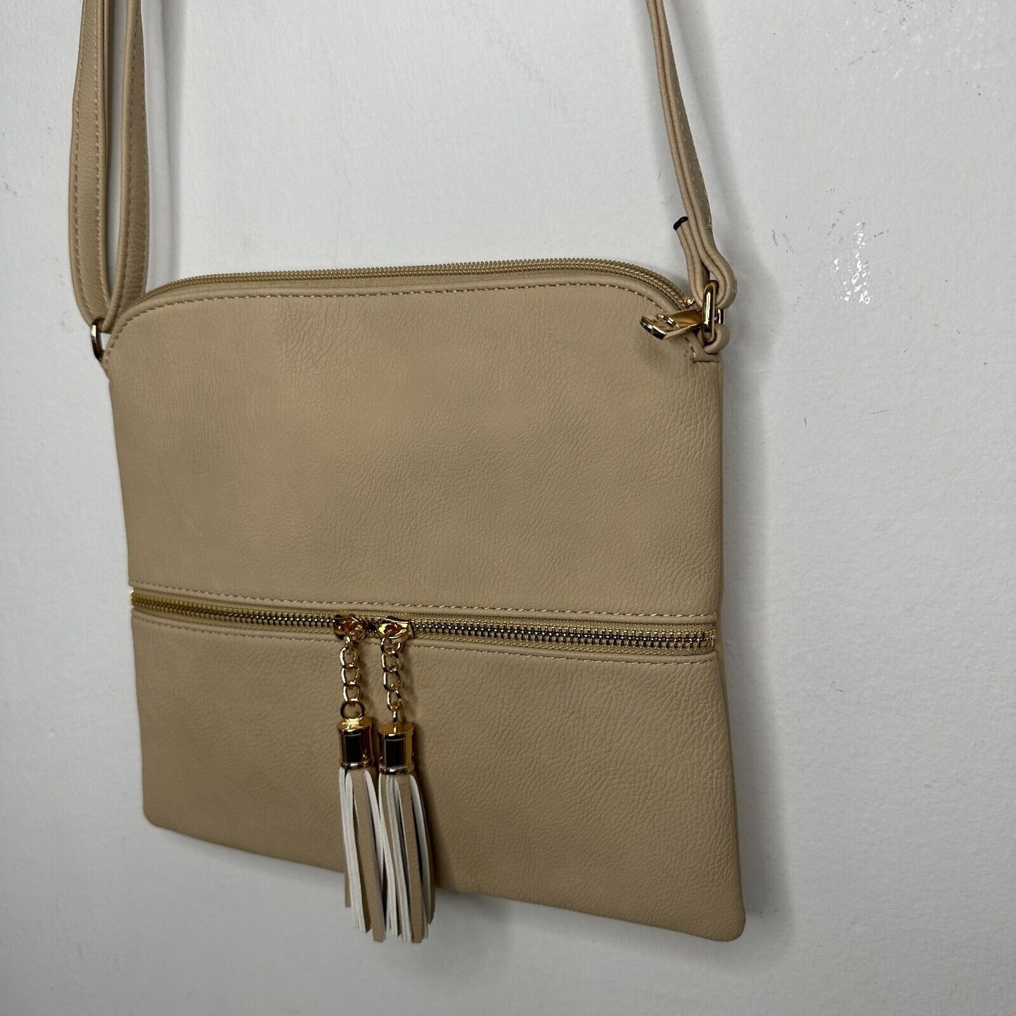 Desert Sand Tan and Gold Crossbody Bag Tassel Blue White Striped Interior Strap