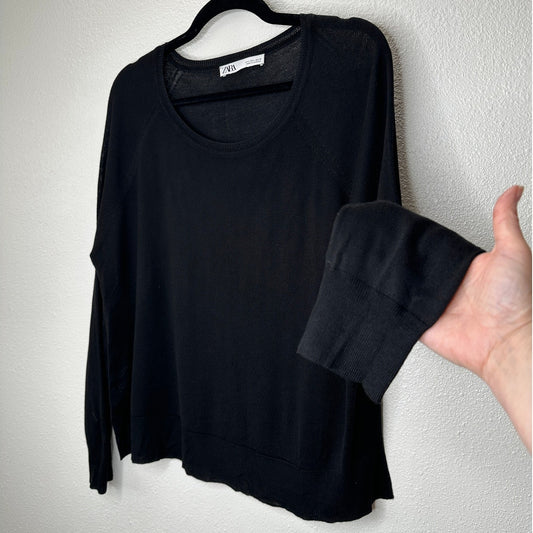 Zara Black Round Neck Long Sleeve Lightweight Thin Sweater Jumper L