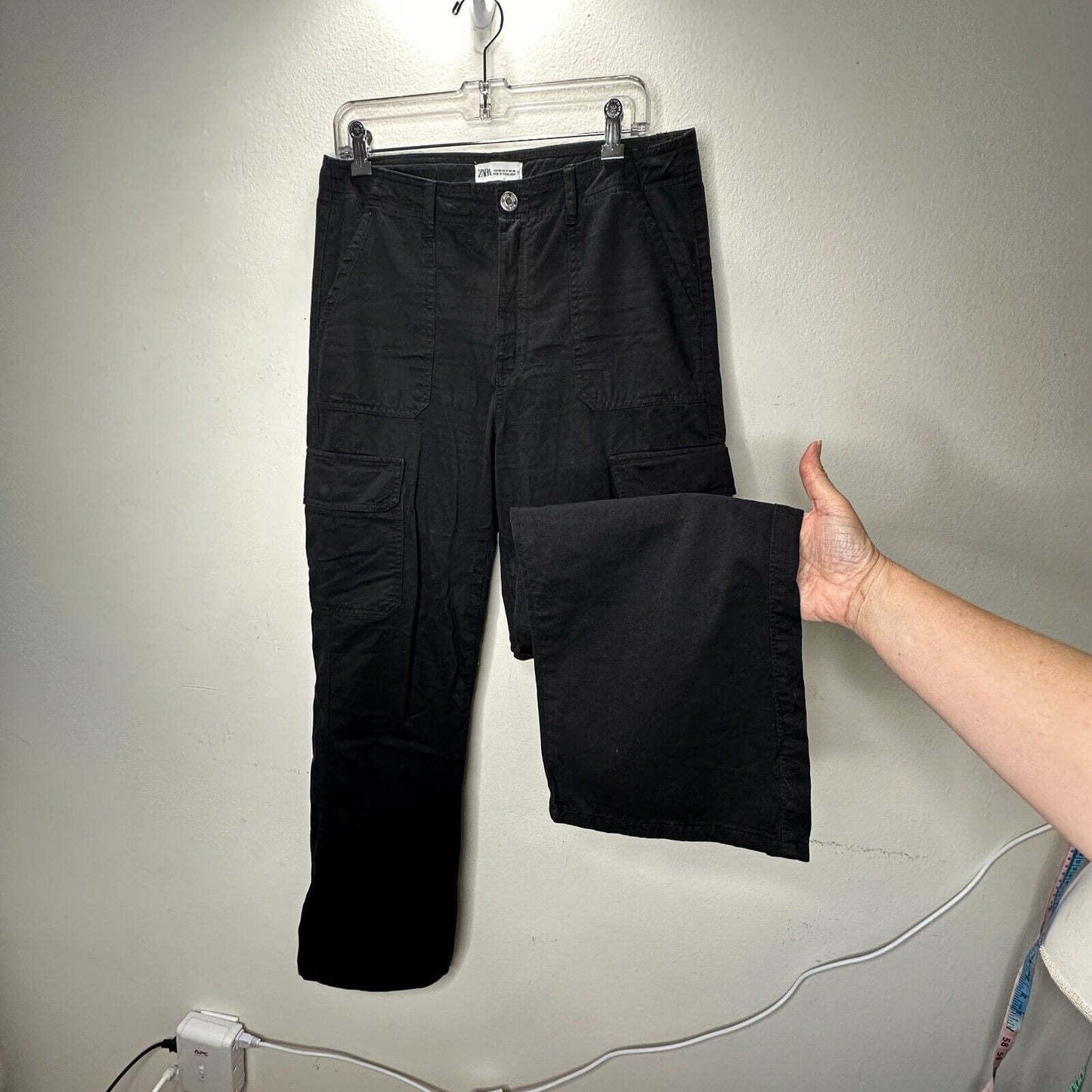 Zara Cute Black Wide Leg Pocketed Utility Cargo Khaki Trouser Pants 8