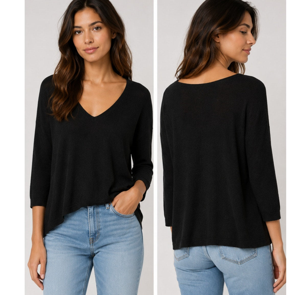 Aritizia Wilfred Free Black Thin Knit V-Neck 3/4 Sleeve Boxy Sweater Jumper M