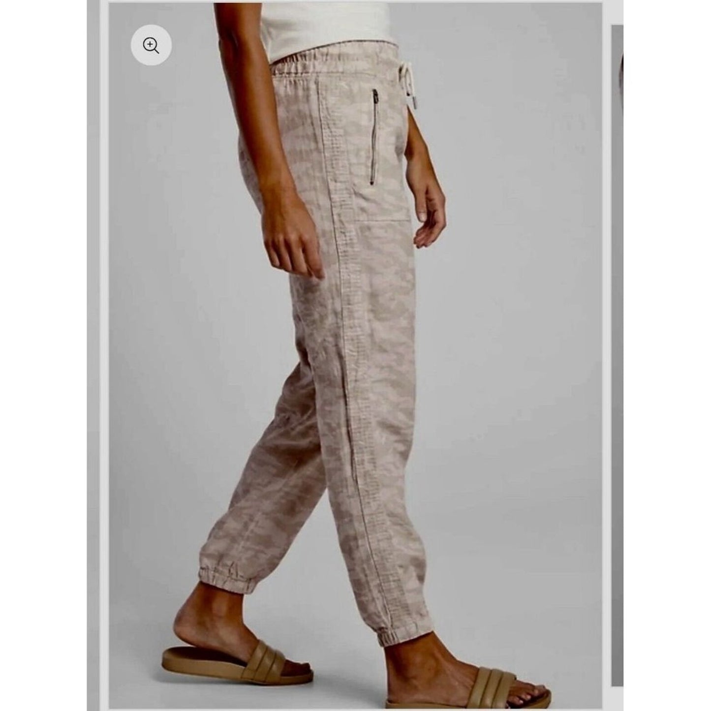 Athleta Cream & Tan Camo Cabo Print Tied Linen Jogger Pant Zip Front Pockets 4