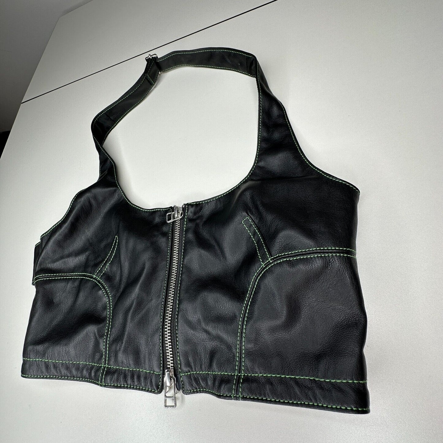 NWOT Eckhaus Latta Black Switch Halterneck Zip Top Tonal Stitch Scoop Neck Med