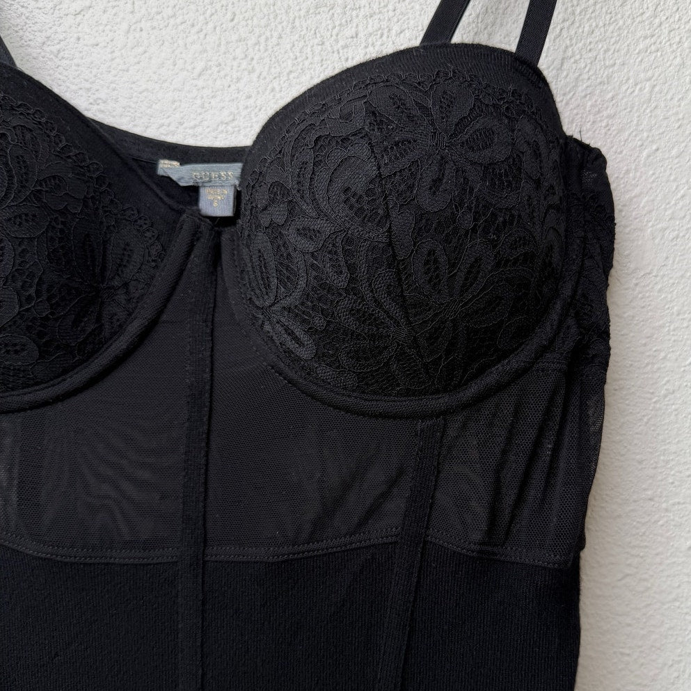 GUESS Black Lace Bodycon Mini Dress Sheer Mesh Corset Size S