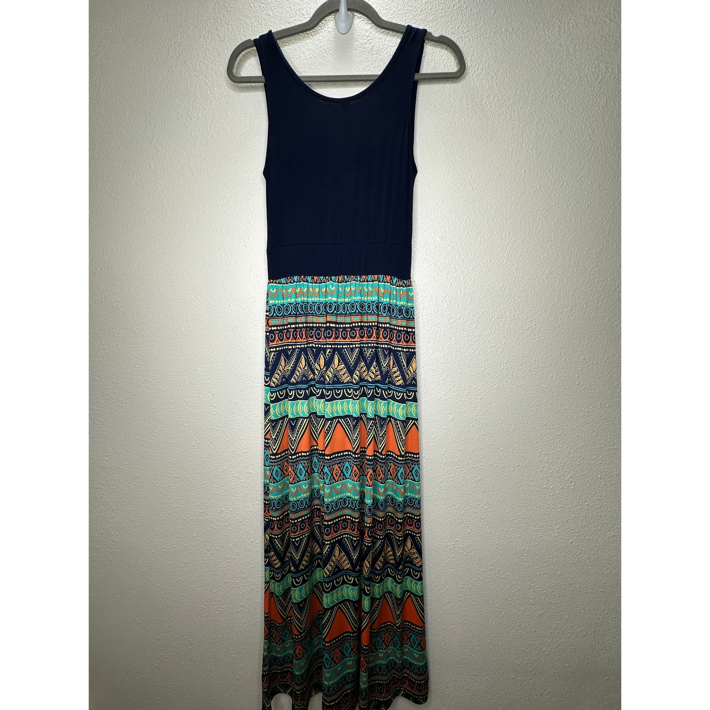Gilli Navy Blue Teal Orange Multi Print Faux Wrap V-Neck Sleeveless Maxi Dress M