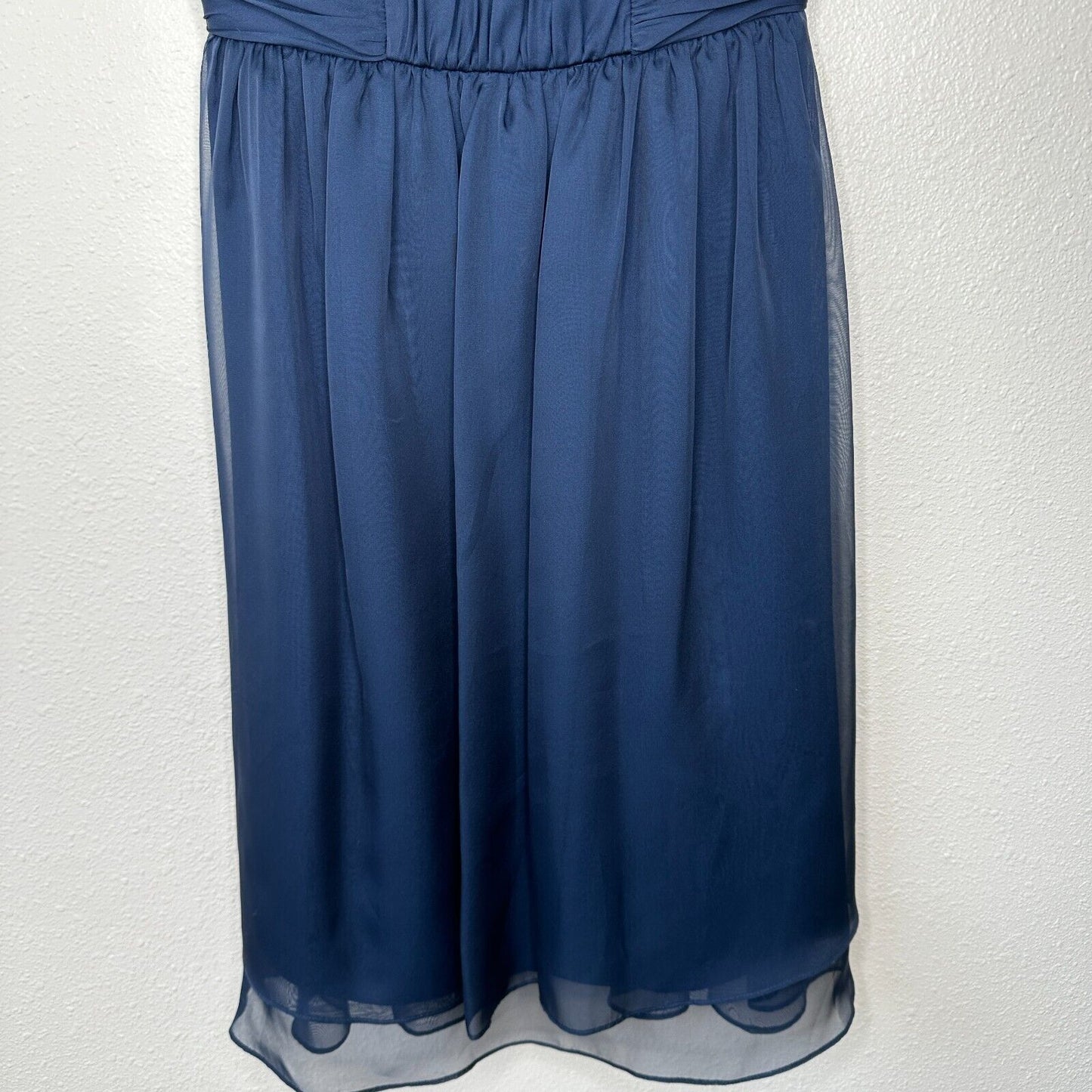 Hitherto Daylily Navy Sheer Shoulder Sleeveless Dress Ruched Side & Back Waist 0