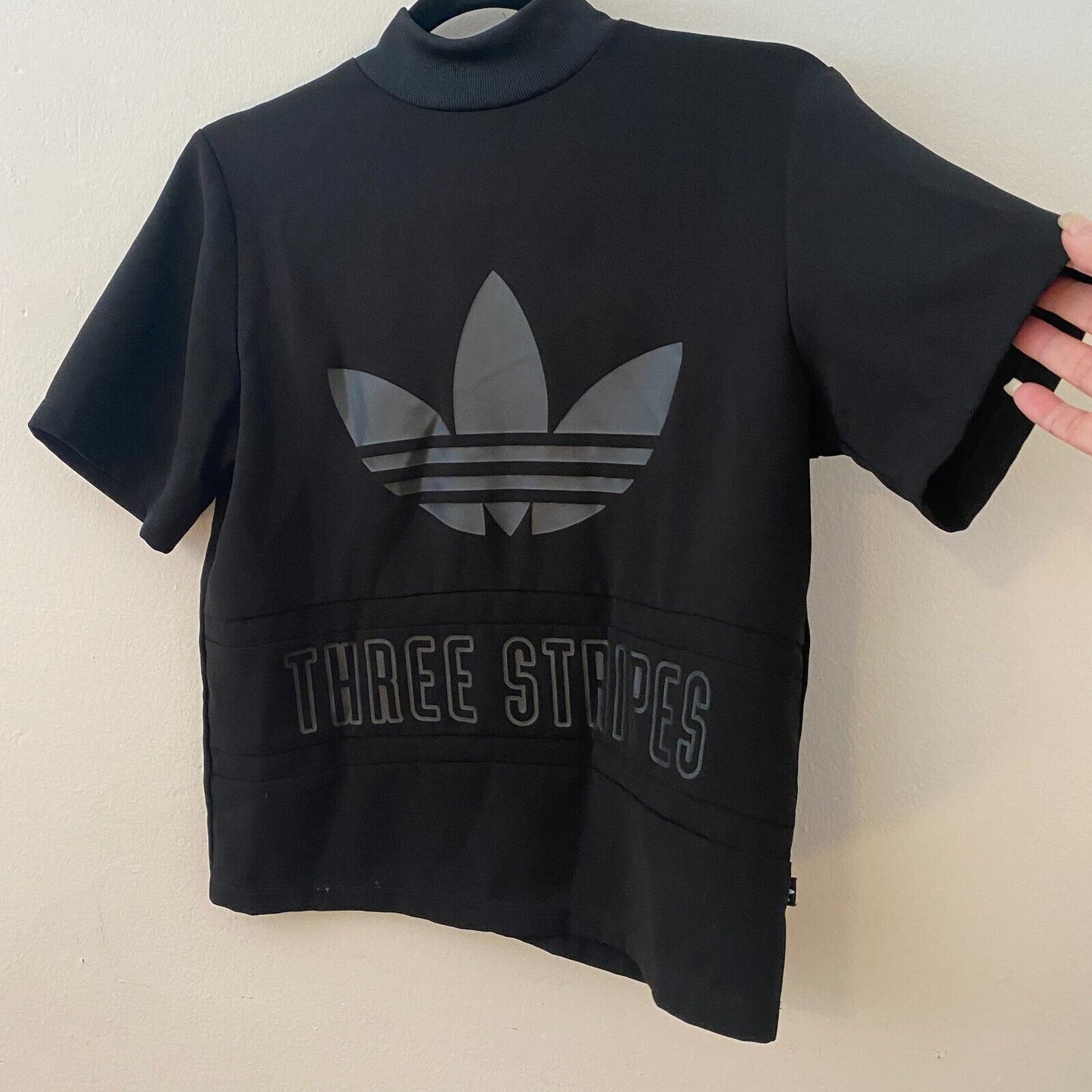 Adidas Black Trefoil Three Stripe Graphic Mock Neck Back Zip Short Sleeve Top S
