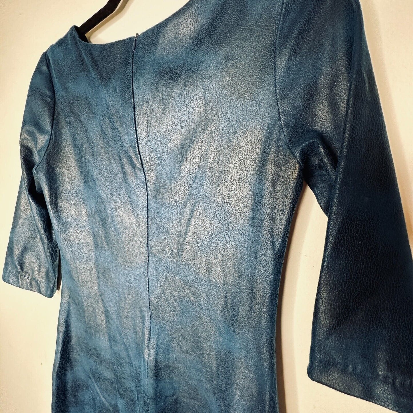 Alexia Klein Blue and Black Print Leather 3/4 Sleeve Round Neck Fitted Dress XS