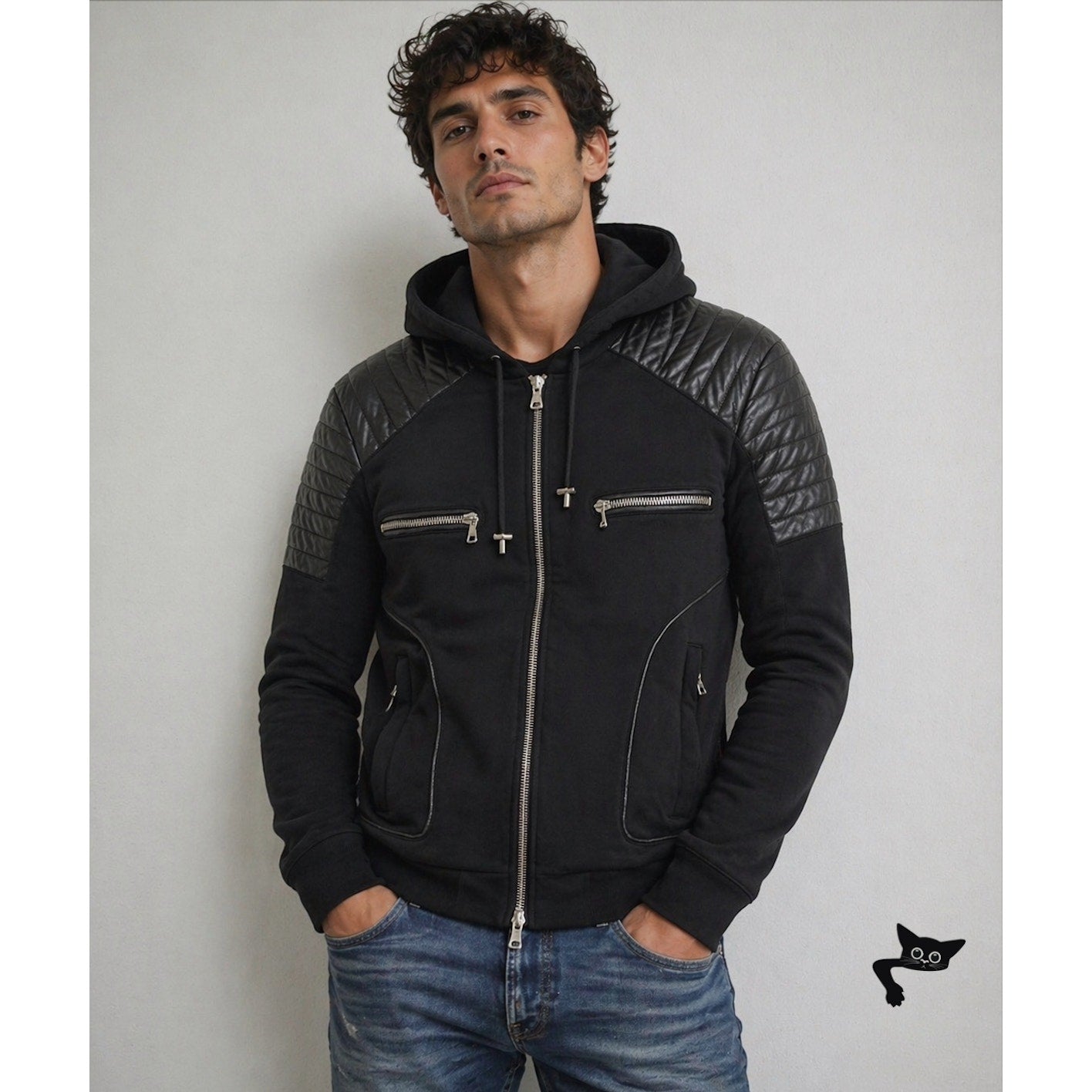 FUC Balmain Black Moto Hoodie Jacket Quilted Leather Shoulder Zip Sweatshirt M