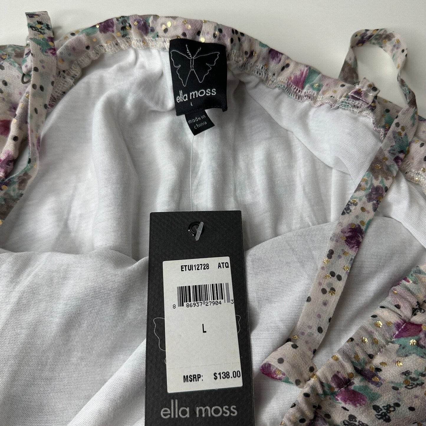 NWT Ella Moss White Purple Gold Metallic Dot Spaghetti Strap Ruffle Top L