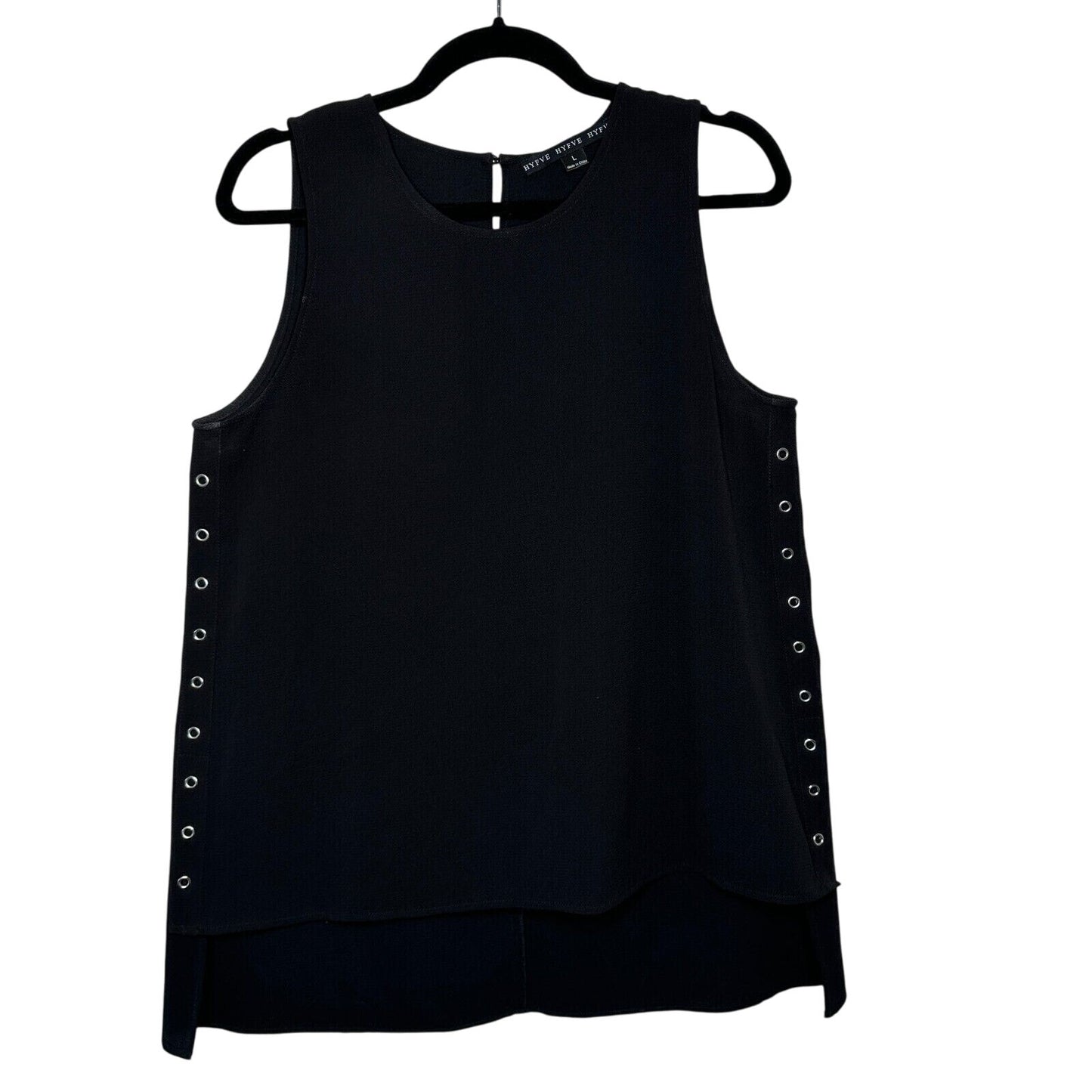 HYFVE Black with Silver Grommet Sleeveless Silky Hi Low Tunic Tank Keyhole Back
