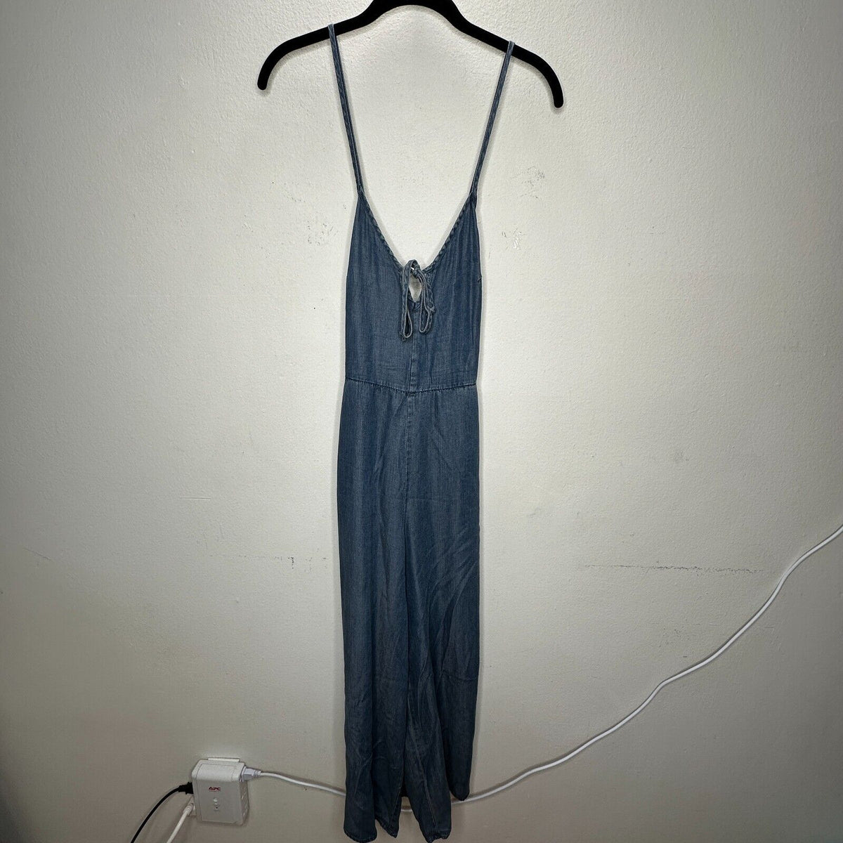 Lovestitch Medium Wash Blue Wide Leg Spaghetti Strap V-Neck Front Tie Jumpsuit S