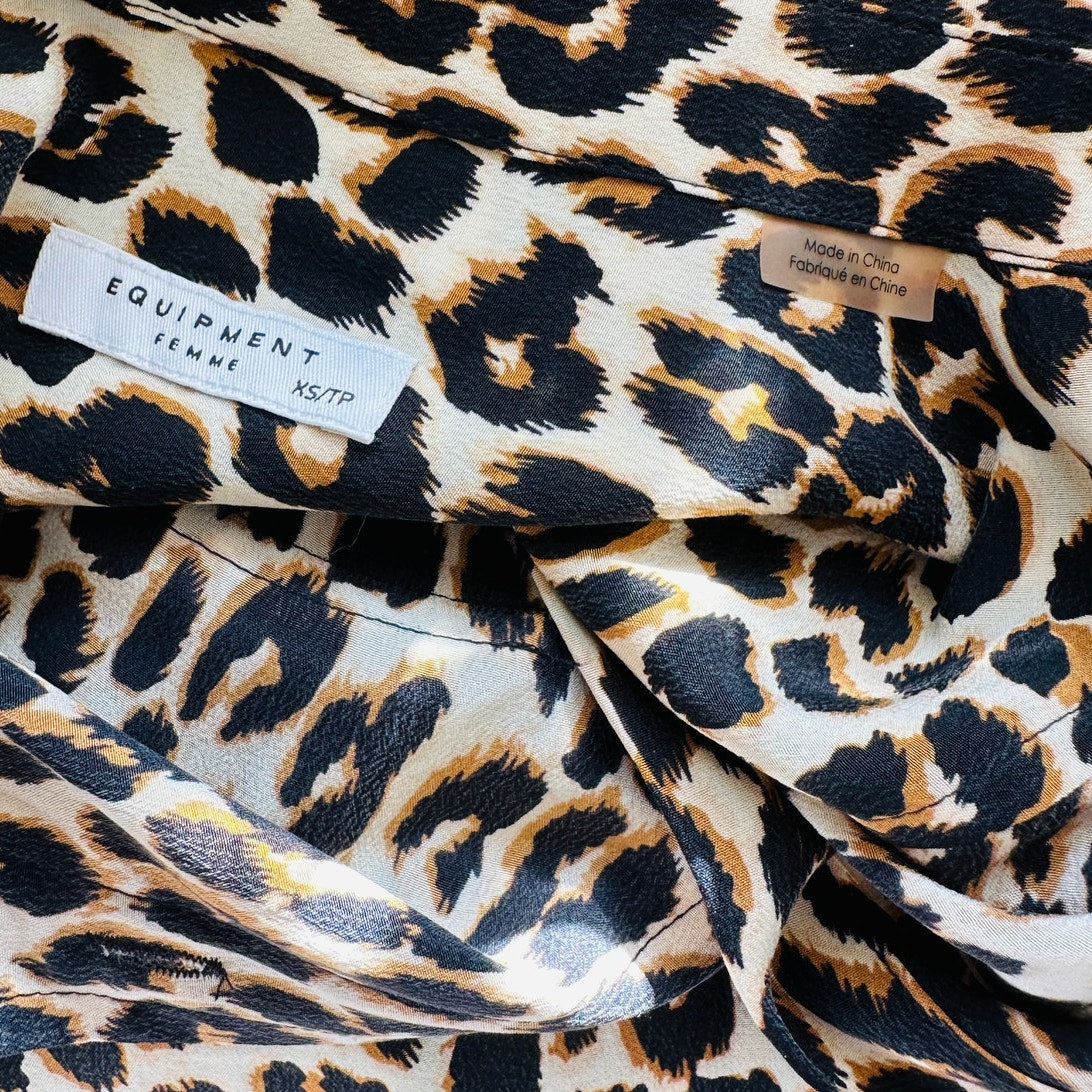 Equipment Leopard Print Long Sleeve Collared Button Up Silk Blouse XS
