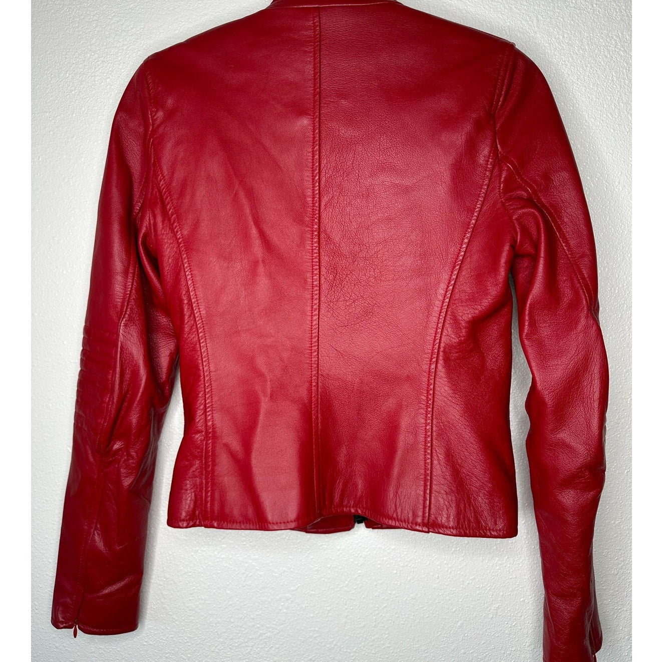 William B Cherry Red 100% Leather Moto Jacket Front Zip Silk Lining S