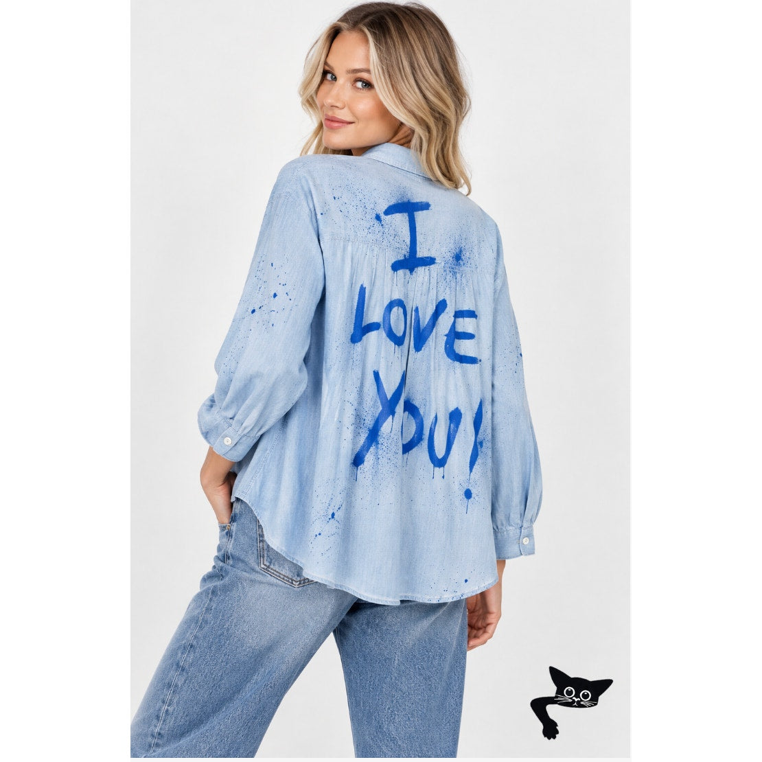 Unique Gap Blue Pintuck Popover Banded Neck I Love You Spray Paint Design Top M