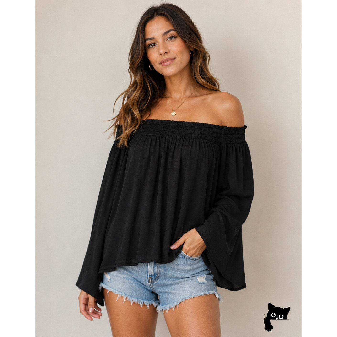 Aritzia Talula Marcilly Off Shoulder Ribbed Black Flowy Blouse Bell Sleeve SM