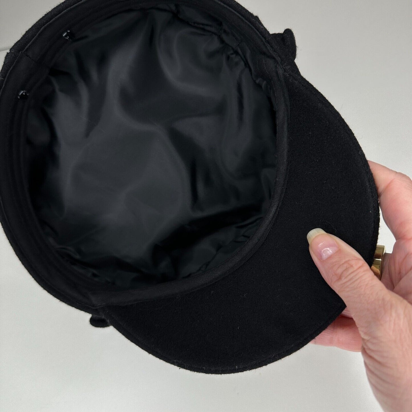 Chic Black Suede Newsboy Style Curved Peak Flat Cap Brim with Side Button Detail