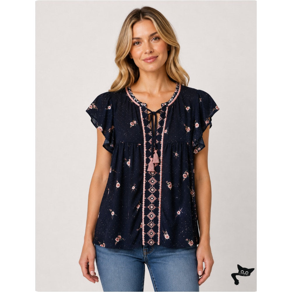 Lovestitch Black Pink White Floral Aztec Front Tie Side Ruffle Sleeveless Top SM