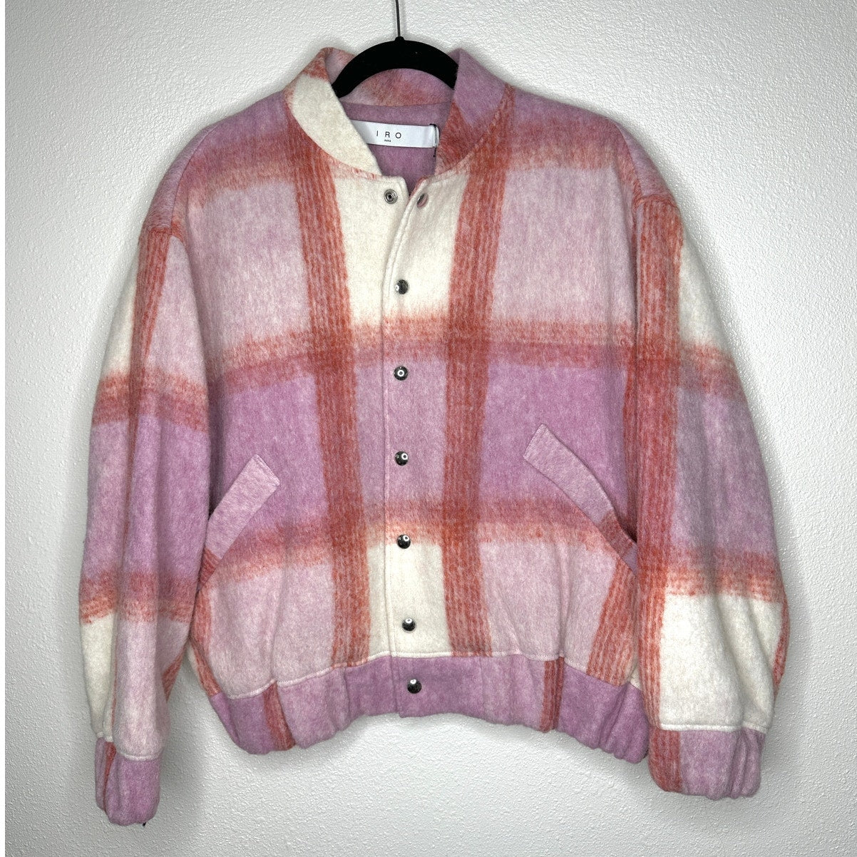 IRO Lahiana Biker Jacket Pink Tartan Plaid Long Sleeve Wool Bomber 40 / M