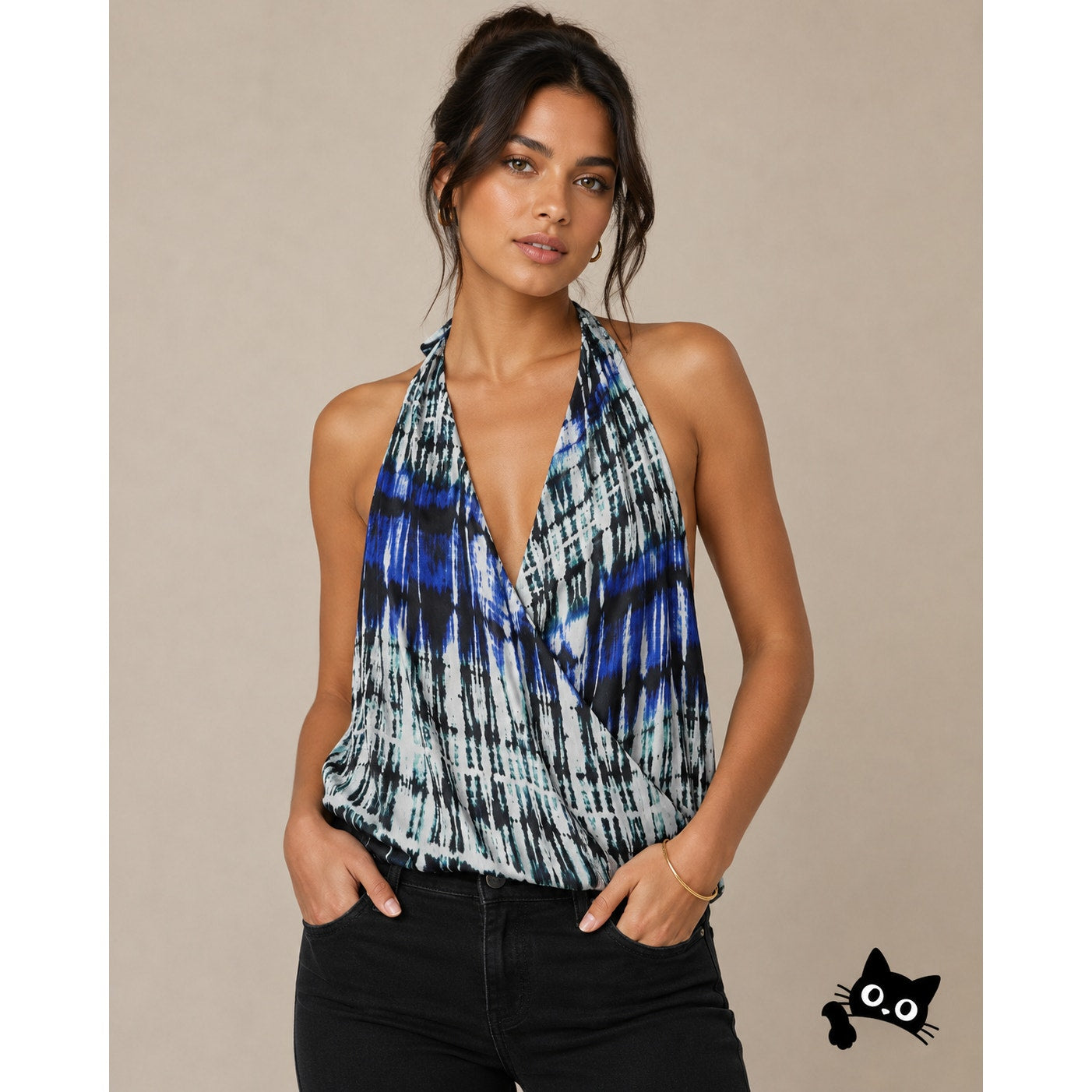 Parker Blue White Black Wales Tie Dye 100% Silk Wrap Halter Top Button VNeck L