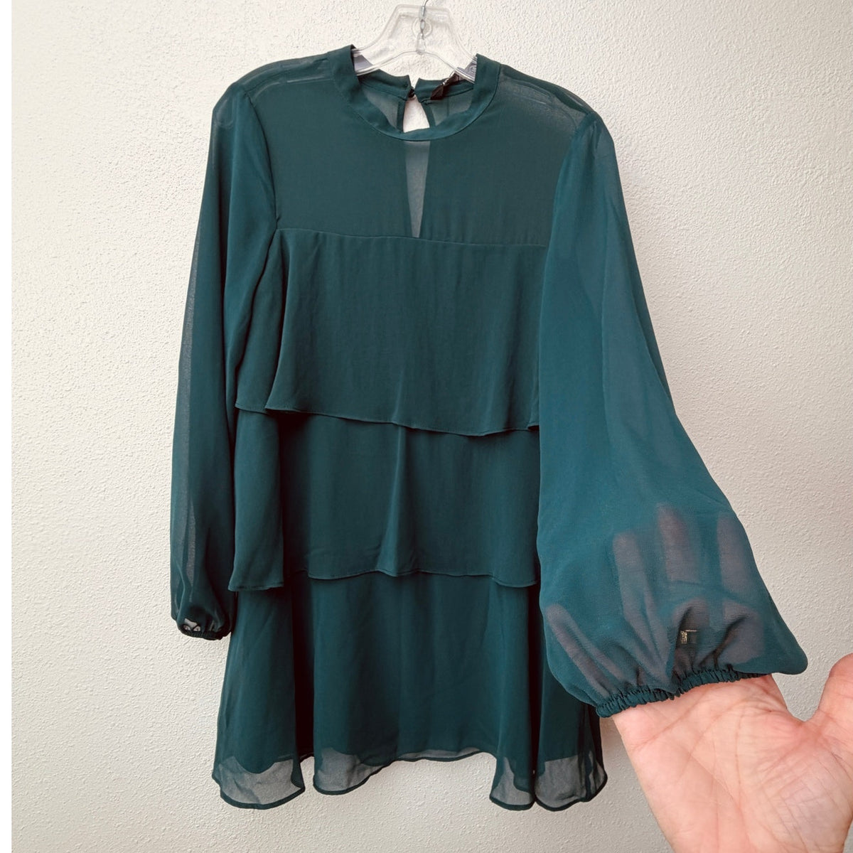 NWT Zara Green Chiffon Tiered Ruffle Long Sleeve Mini Dress Women's US S