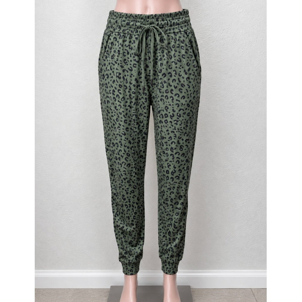 Green and Black Leopard Print Relaxed Fit Draw String Joggers Sweat Pants Medium