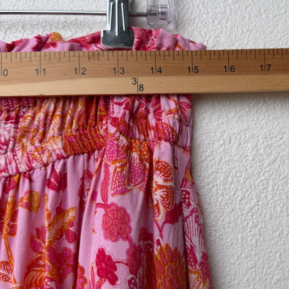 Xirena Pink Tropical Floral Ruched Tie Waist Midi Skirt M