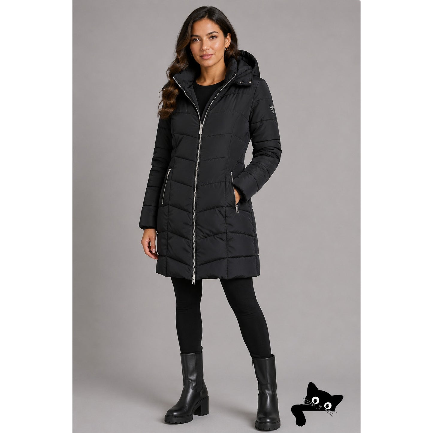Guess Black Long Line Front Zip Hooded Puffer Jacket S