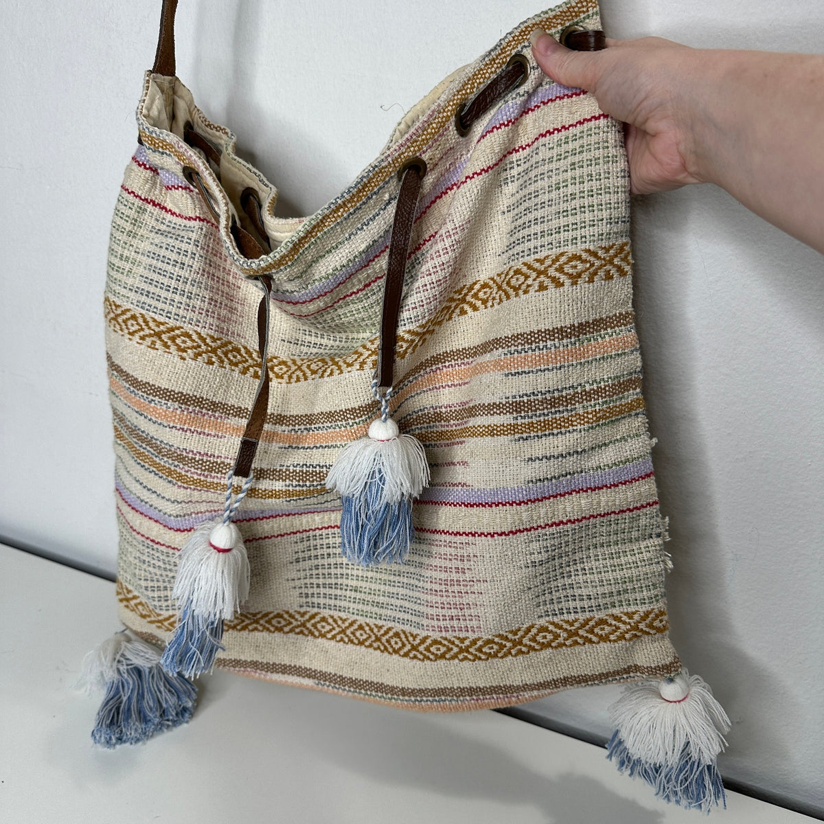 Lovestitch Tan Multicolor Striped Canvas Boho Bag Drawstring Snap Closure