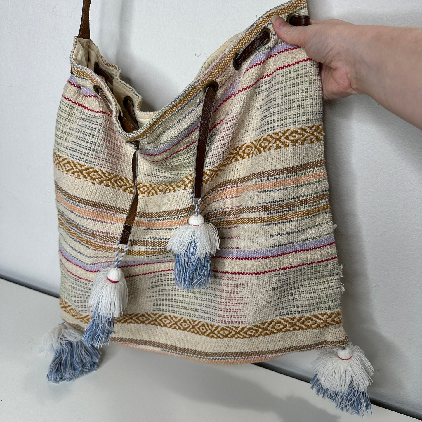 Lovestitch Tan Multicolor Striped Canvas Boho Bag Drawstring Snap Closure