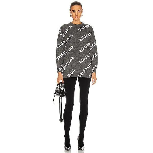 Balenciaga Dark Gray Long Sleeve White Logo'd Crew Neck Sweater L