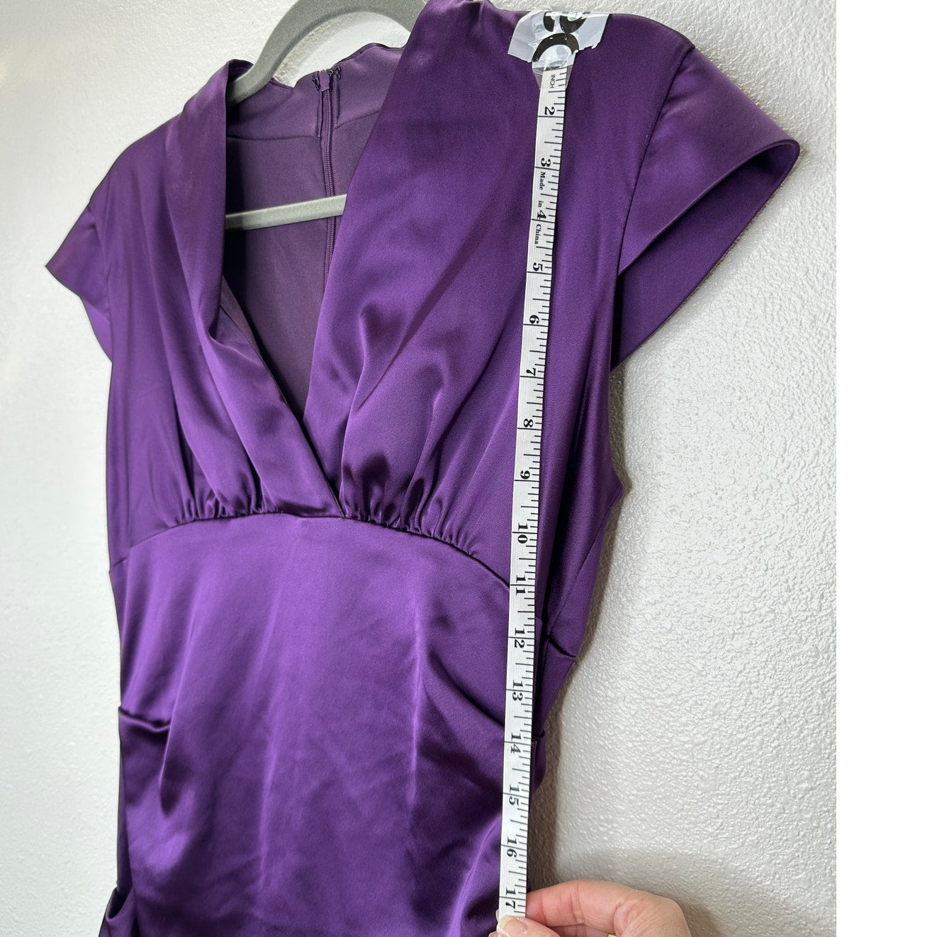 Xscape by Joanna Chen Purple Satin Faux V Neck Cap Sleeve Midi Dress 6