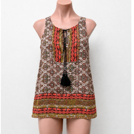 Braeve Brown Peach Teal and Cream Aztec Front Tie Sleeveless Tank Extra Small