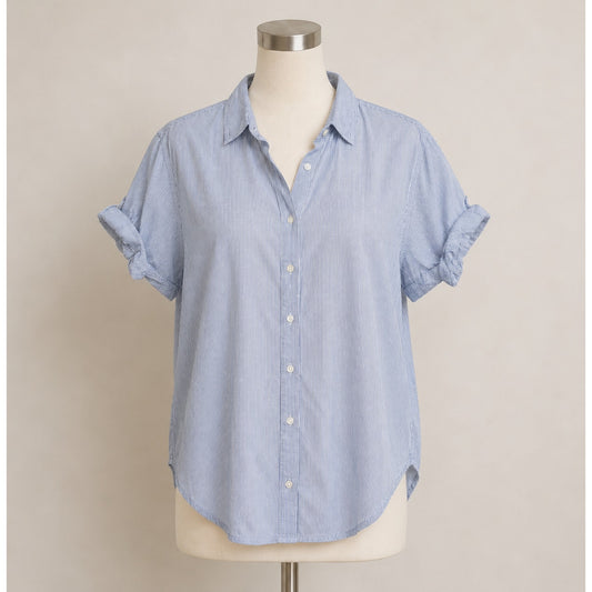 Aritzia Community Blue and White Pin Stripe The Jane Short Sleeve Button Shirt